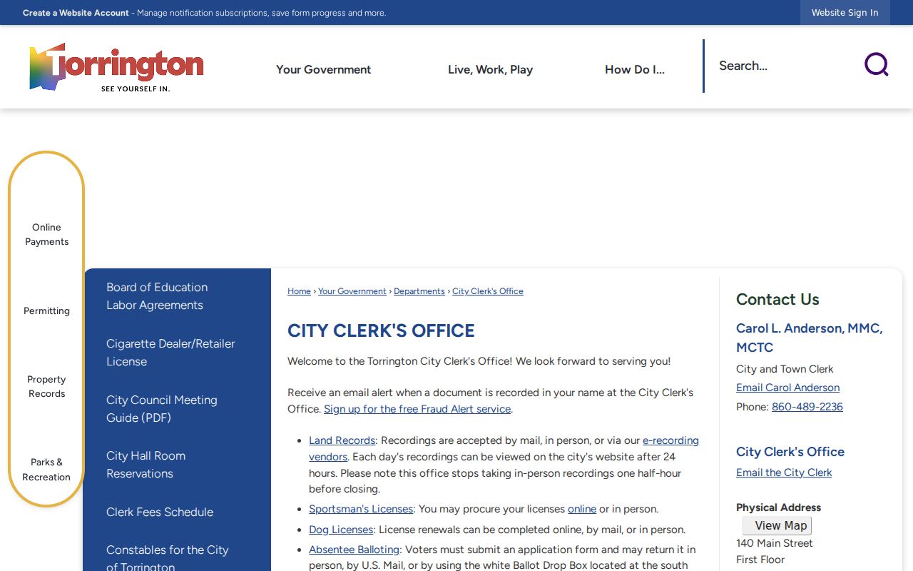 Torrington residents directory City Clerk records office