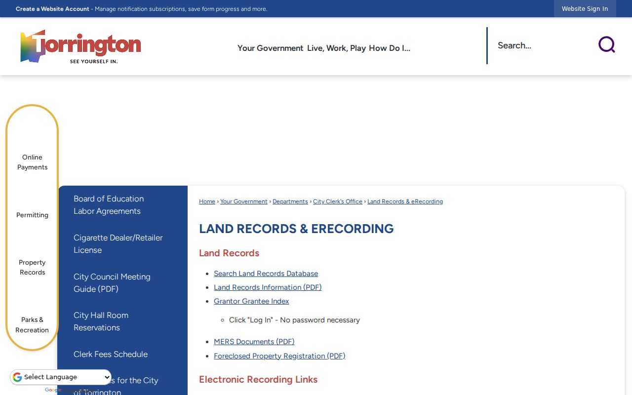 Torrington street directory City Clerk land records route