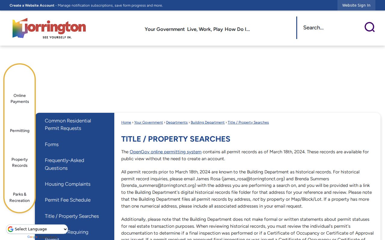 Torrington street directory title and property search instructions