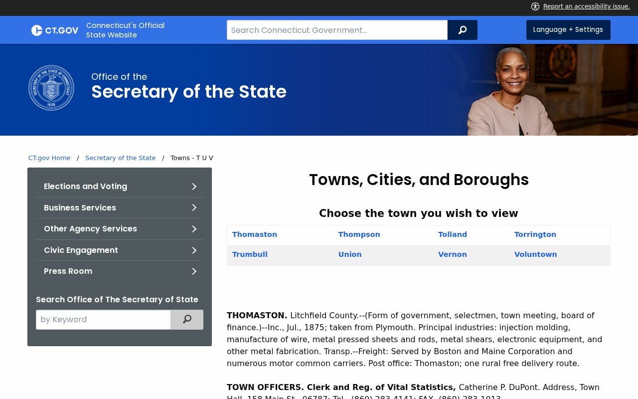 Torrington ZIP code directory Secretary of the State town listing